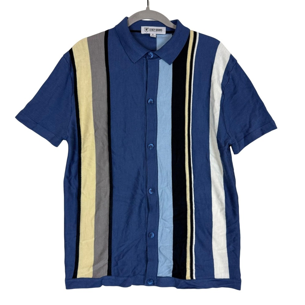 Stacy Adams Shirt Mens Medium Multicolor Stripe Short Sleeve Knit Button Up